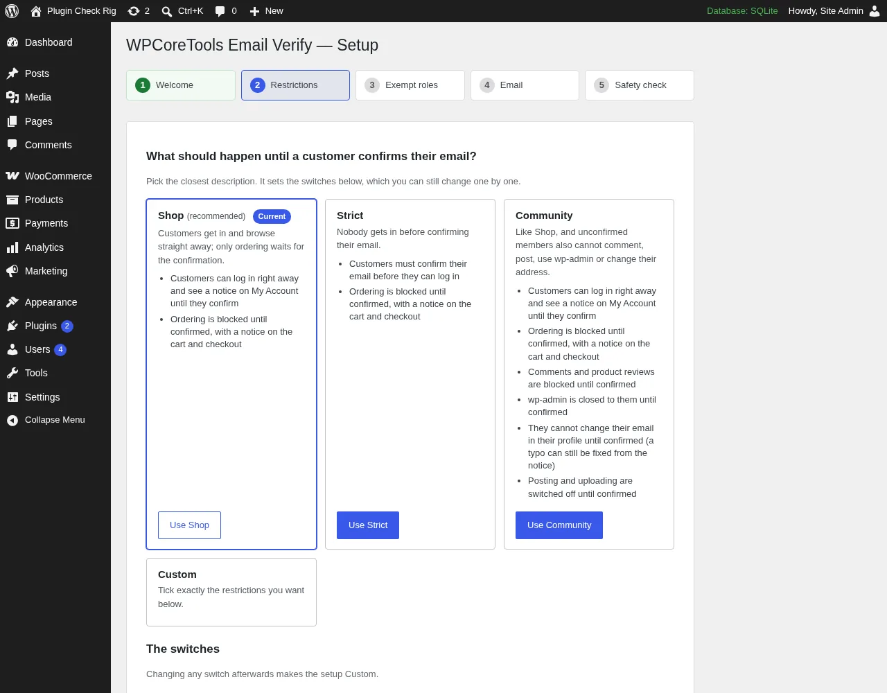 Setup wizard step 2, Restrictions: four setup cards, Shop (recommended, marked Current), Strict, Community and Custom, each with a list of what it does
