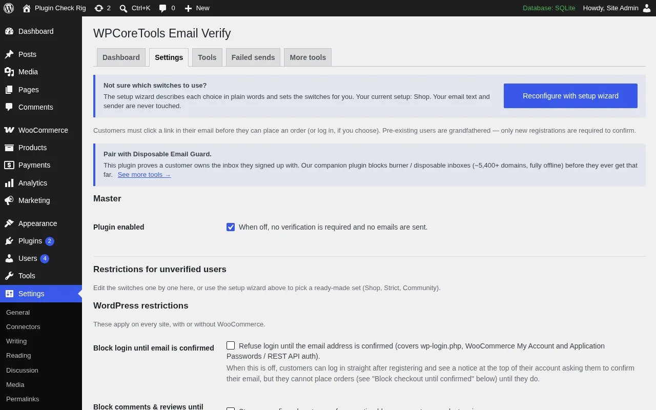 Email Verify settings page in wp-admin with the restriction switches