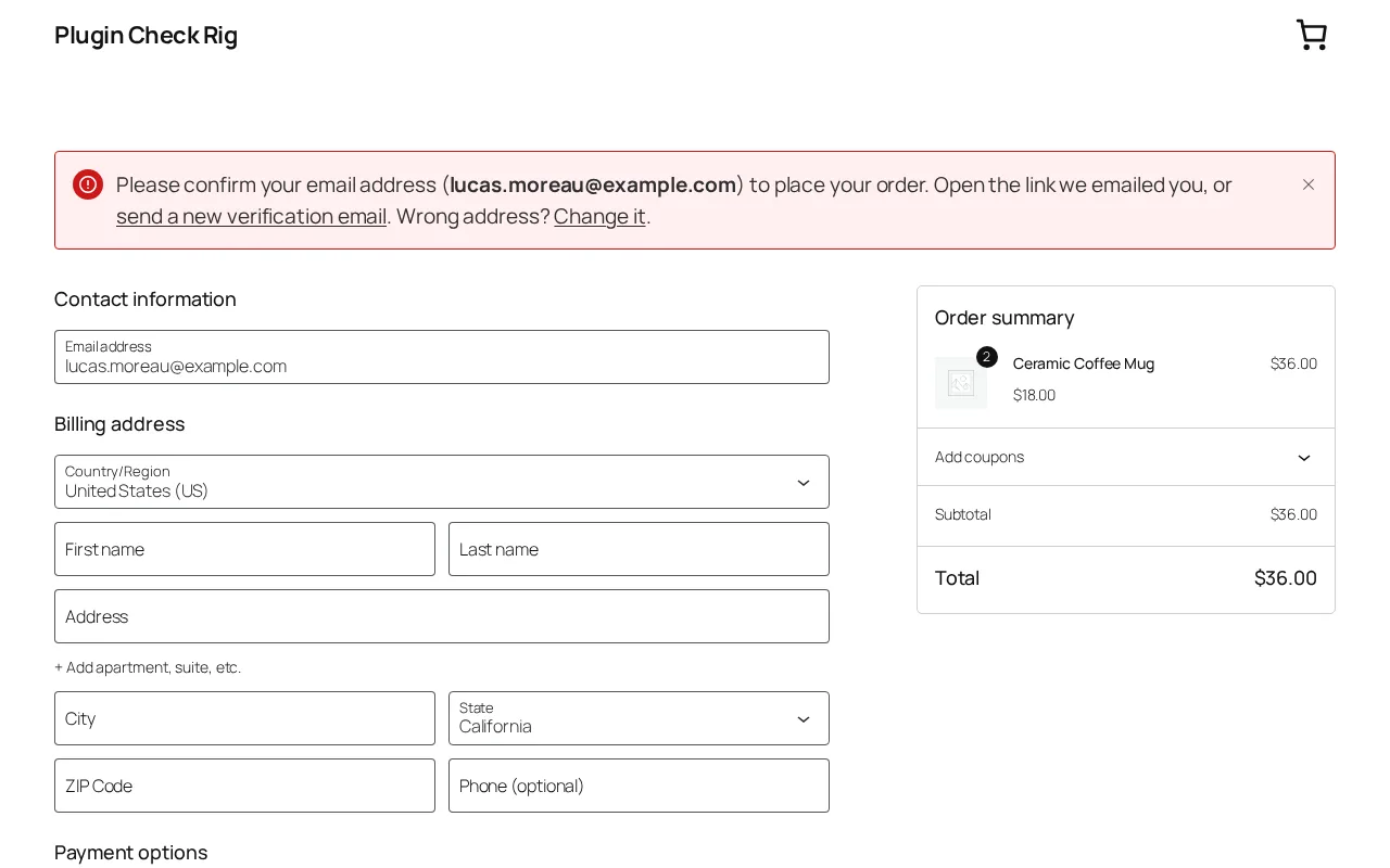 WooCommerce checkout for an unconfirmed customer, explaining why the order cannot be placed yet, with a resend link