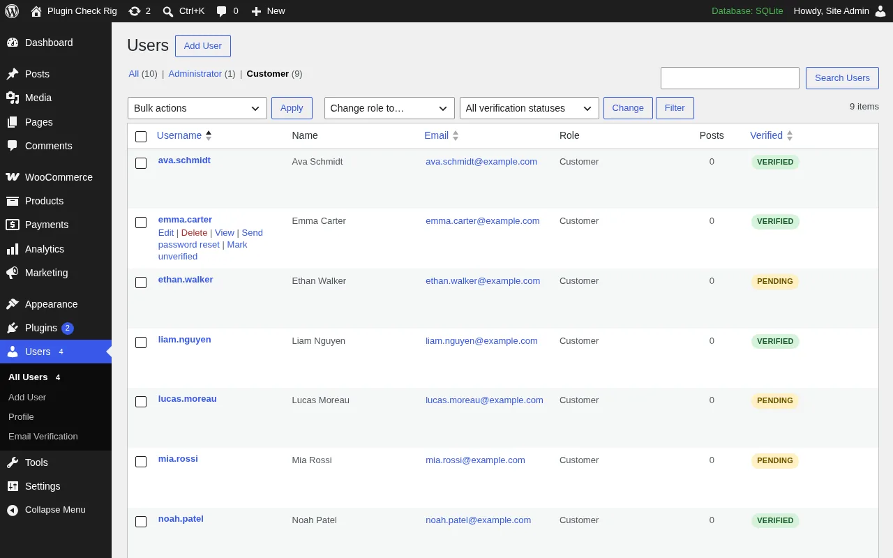 WordPress Users list with a Verified column, a status filter and bulk actions to mark users verified or unverified